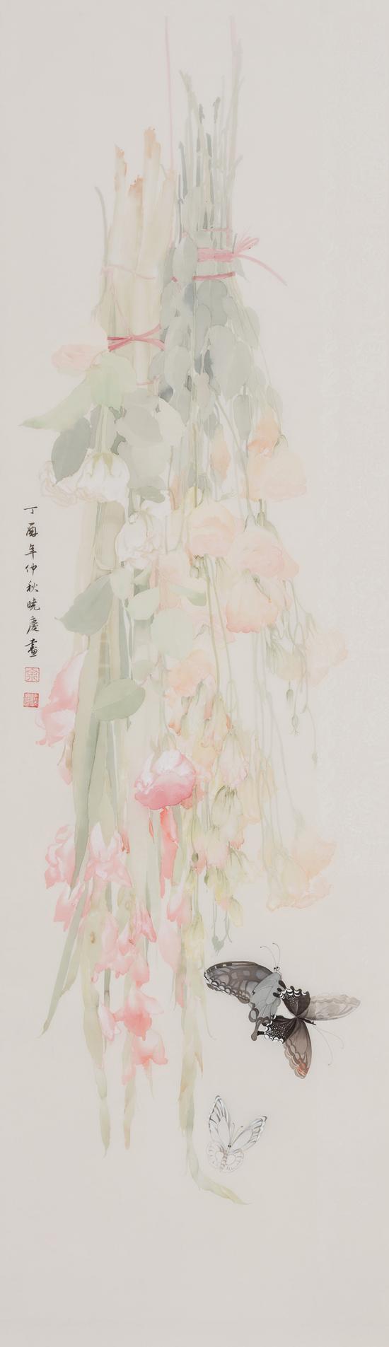 余晓庆，花事阑珊之一，绢本设色，118x36cm，2017
