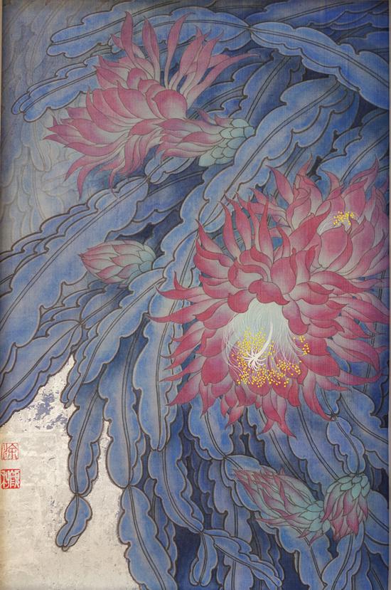 涂颜利，夜幕下的剑花，绢本工笔重彩银箔，46x30cm,2017