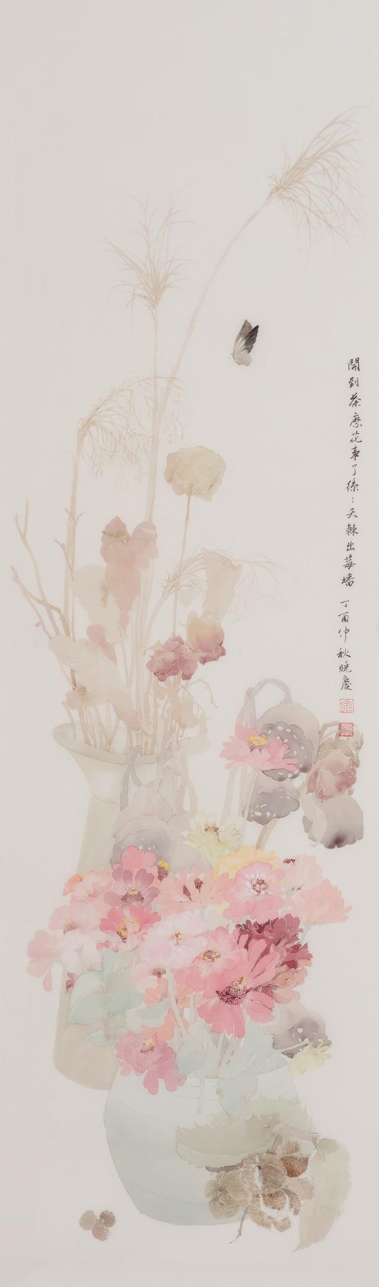 余晓庆，花事阑珊之二，绢本设色，118x36cm，2017